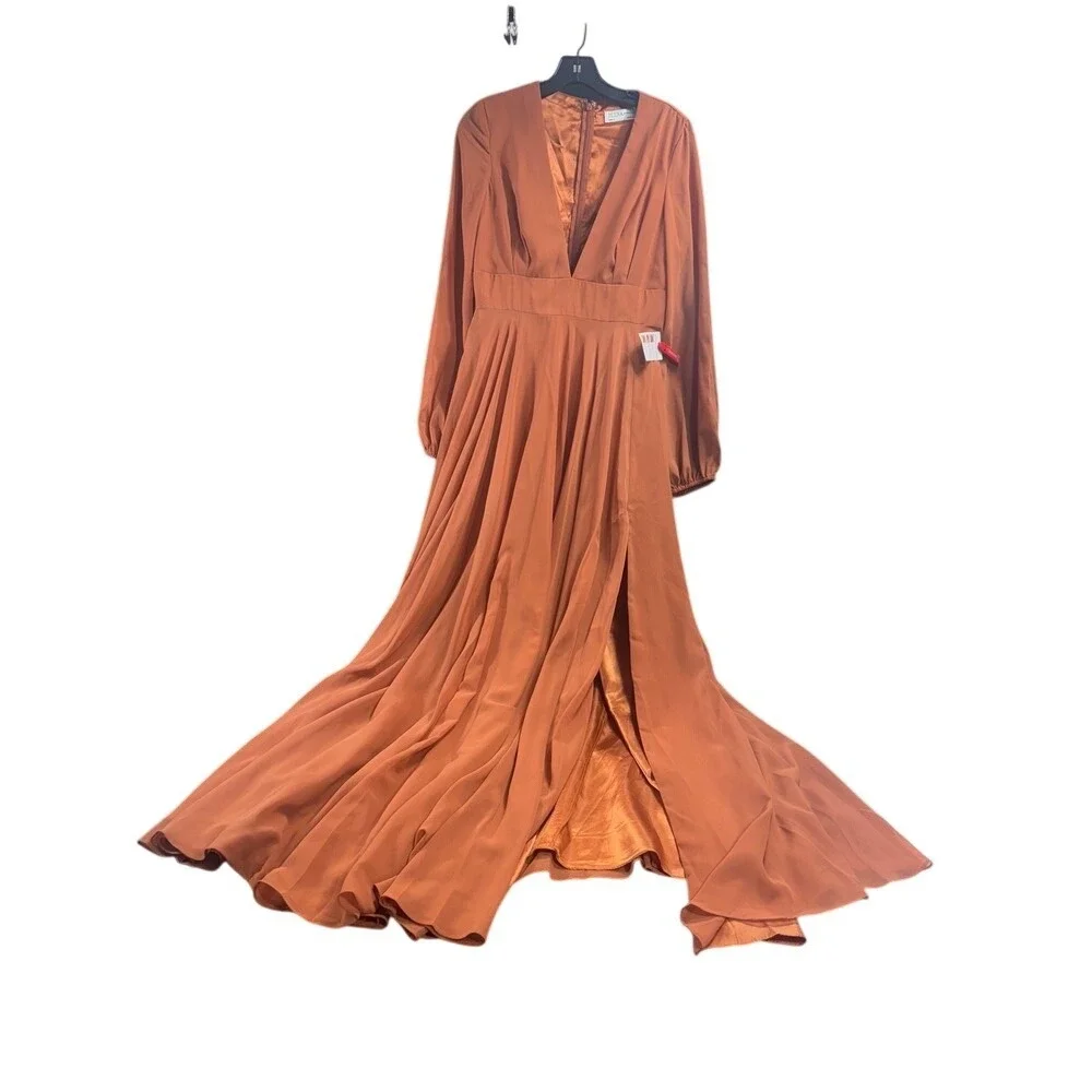 Ieena for Mac Duggal New Long Sleeve Chiffon Gown Terra Cotta Size 6 MSRP‎ $398